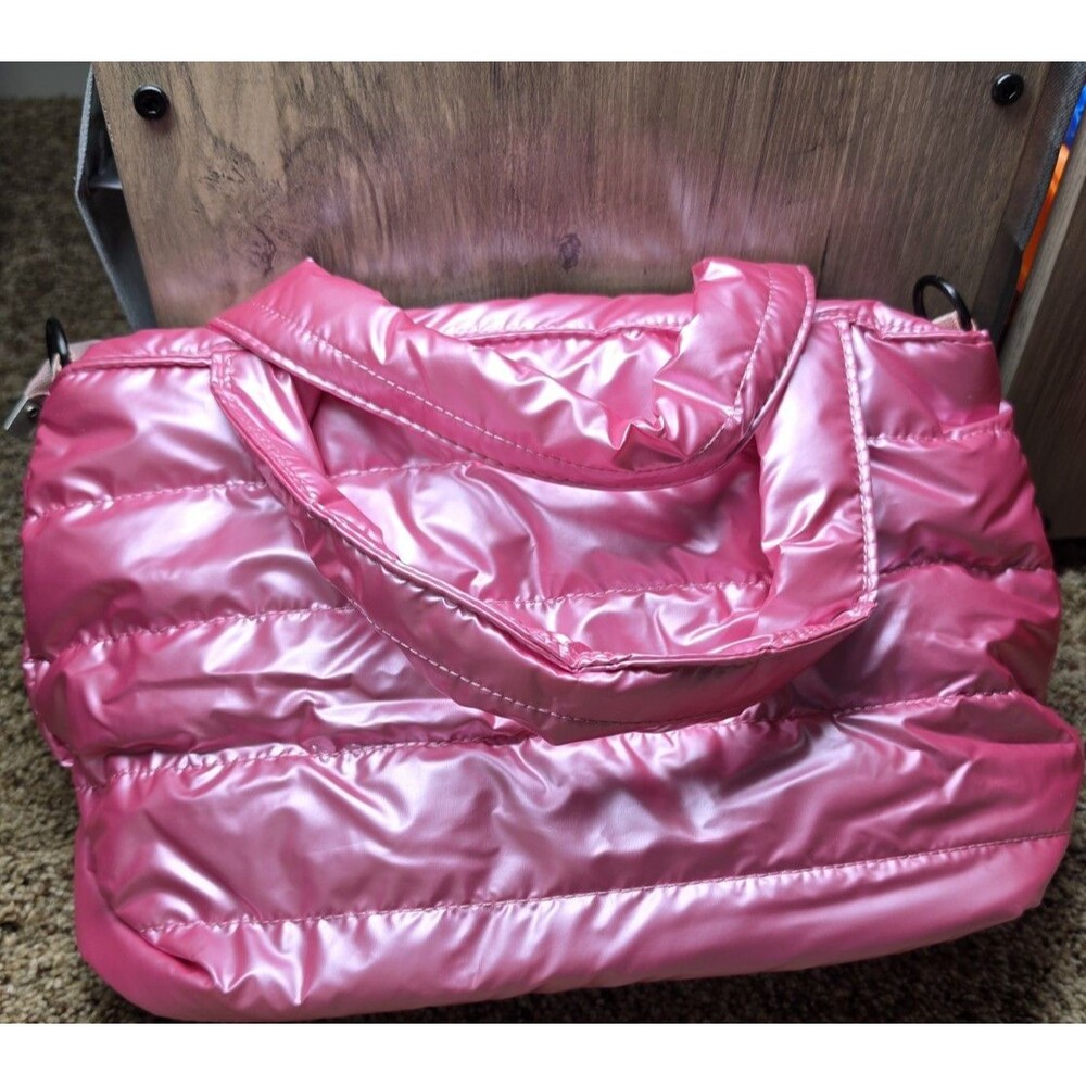 Pink Quilted Puffer Top Handle Bag Detachable Adjustable Strap Zip Women